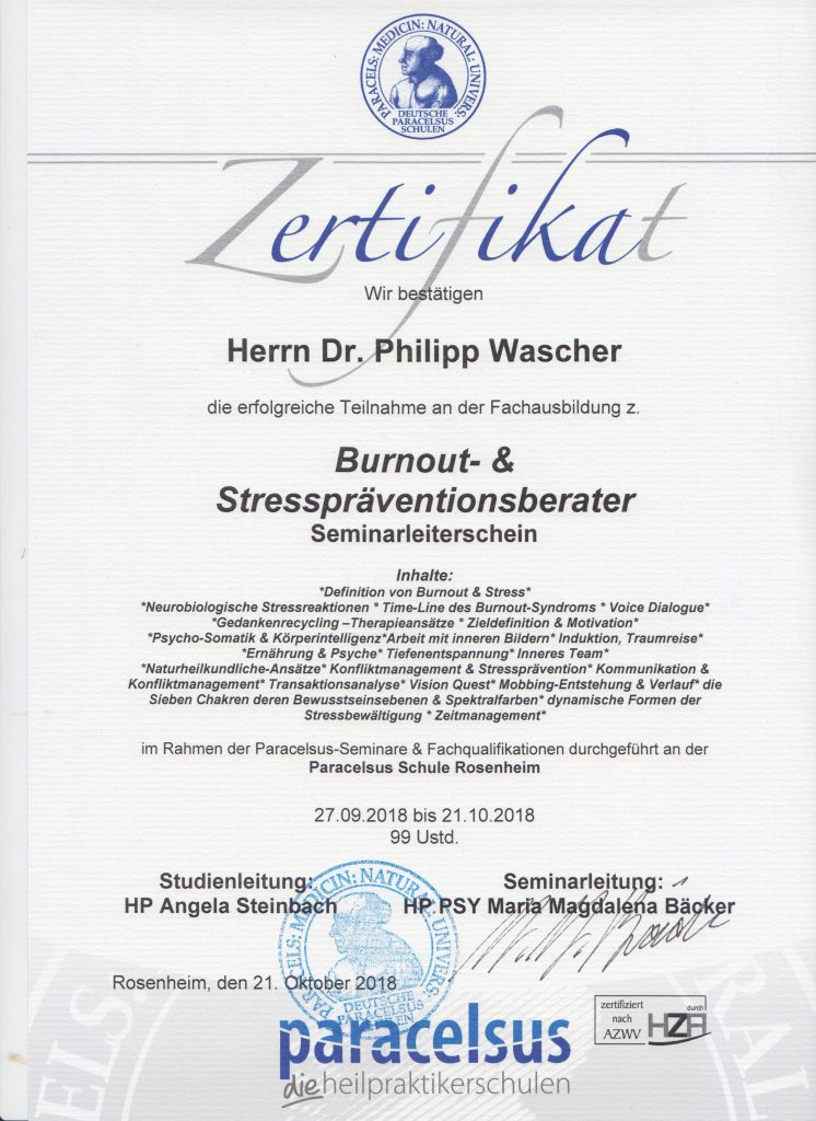 Burnout- & Stresspräventionsberater Zertifikat – Dr. Philipp Wascher