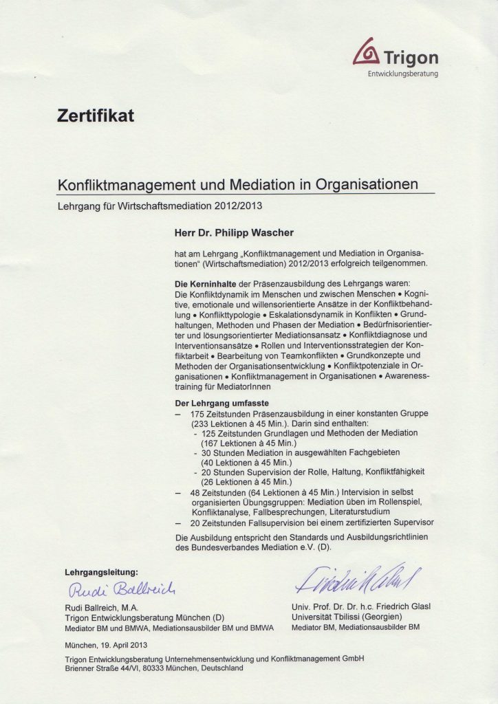 Zertifikat Konfliktmanagement und Mediation in Organisationen – Trigon
