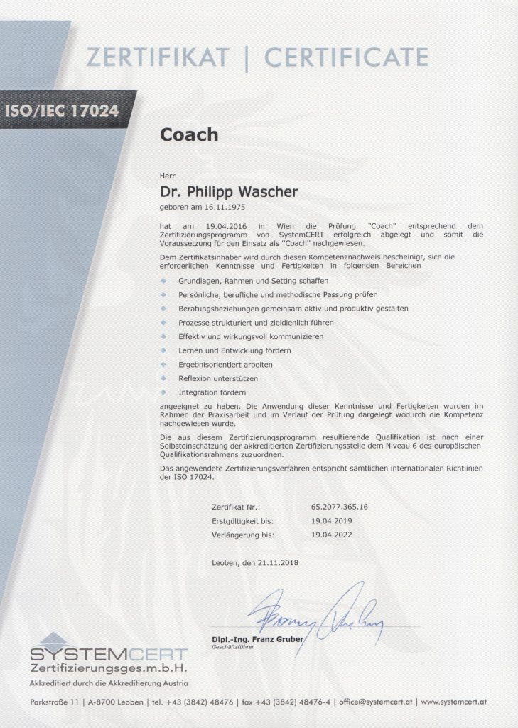 ISO/IEC 17024 Zertifikat – Dr. Philipp Wascher, Coach