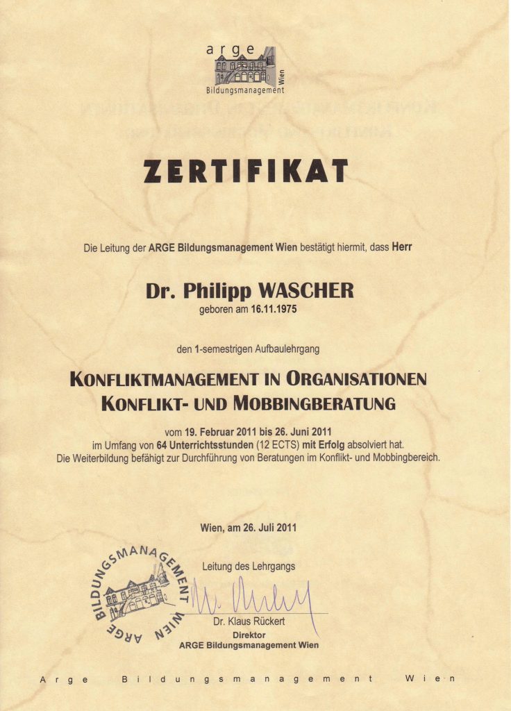 Zertifikat Konfliktmanagement in Organisationen – ARGE Bildungsmanagement Wien